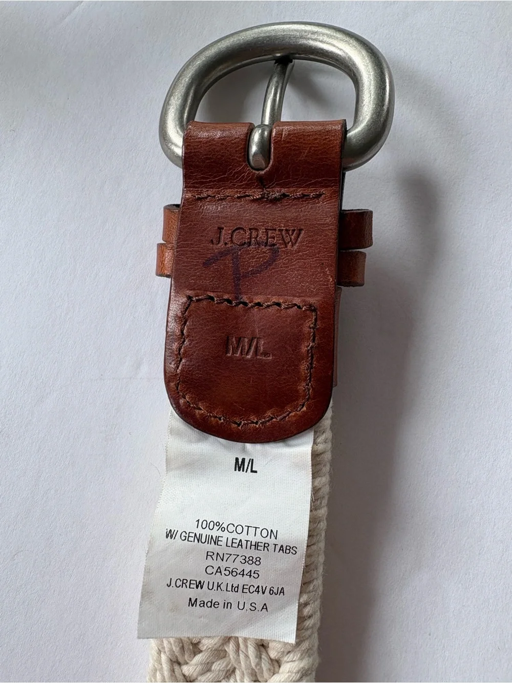 J. Crew Cotton Braided Belt with Brown Leather Trim 46in 1in wide M/L A5854